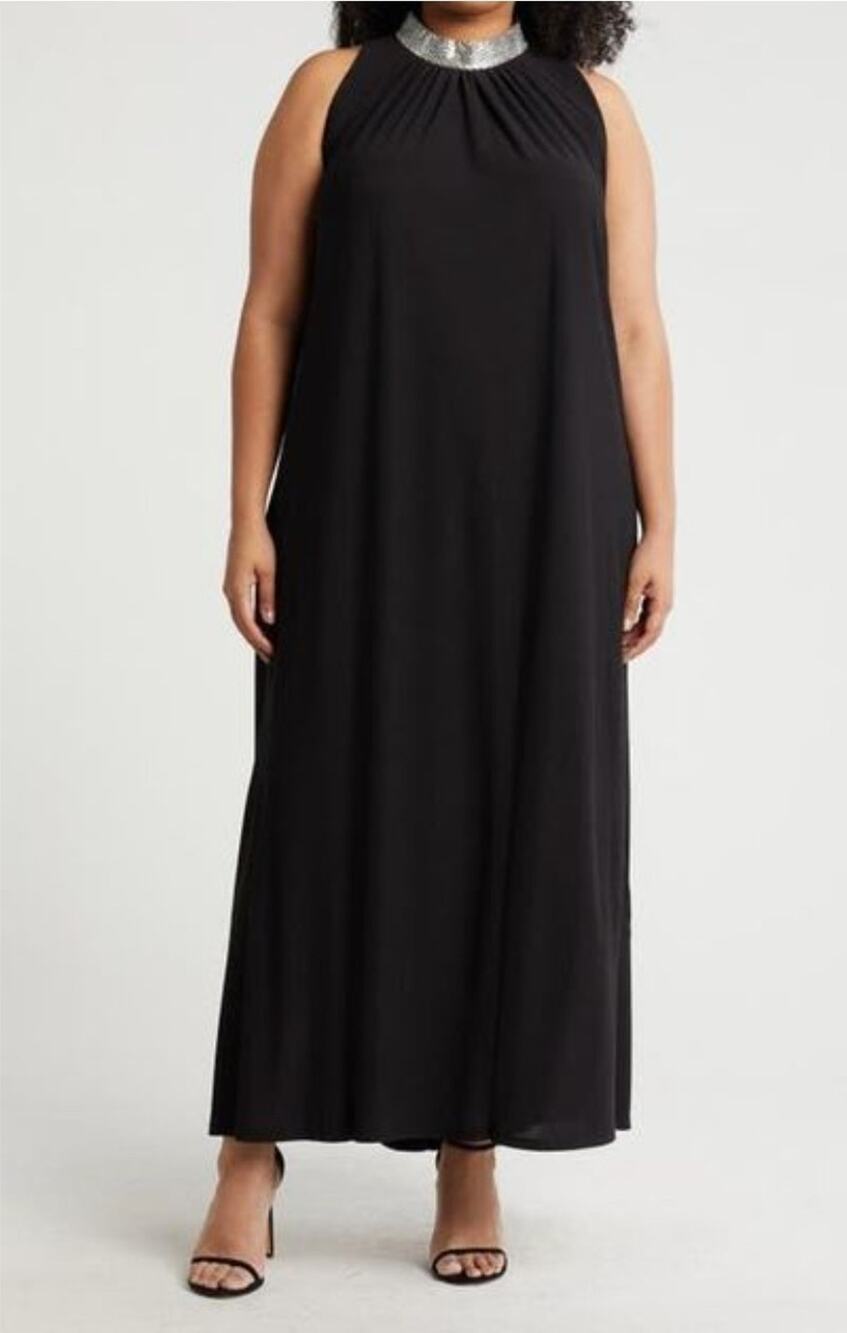 US / Small Marina Women's Black Sleeveless Solid Maxi Rhinestone Beaded Neck